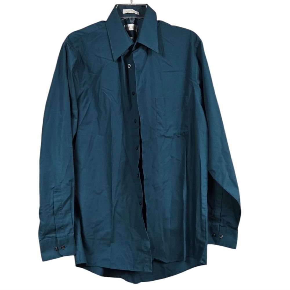 Van Heusen Men's S 15.5, 34/35 Teal Wrinkle Free Poplin Dress Shirt Long Sleeve